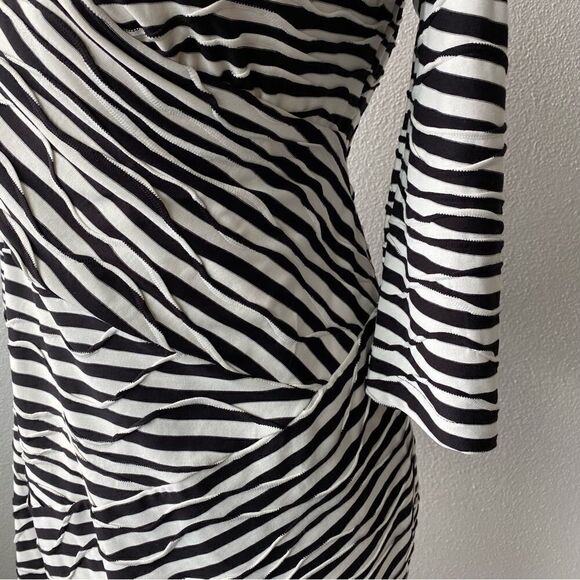Chico’s Stripe Print Surplice Wrap Neck Black White Sheath Dress - Picture 7 of 15